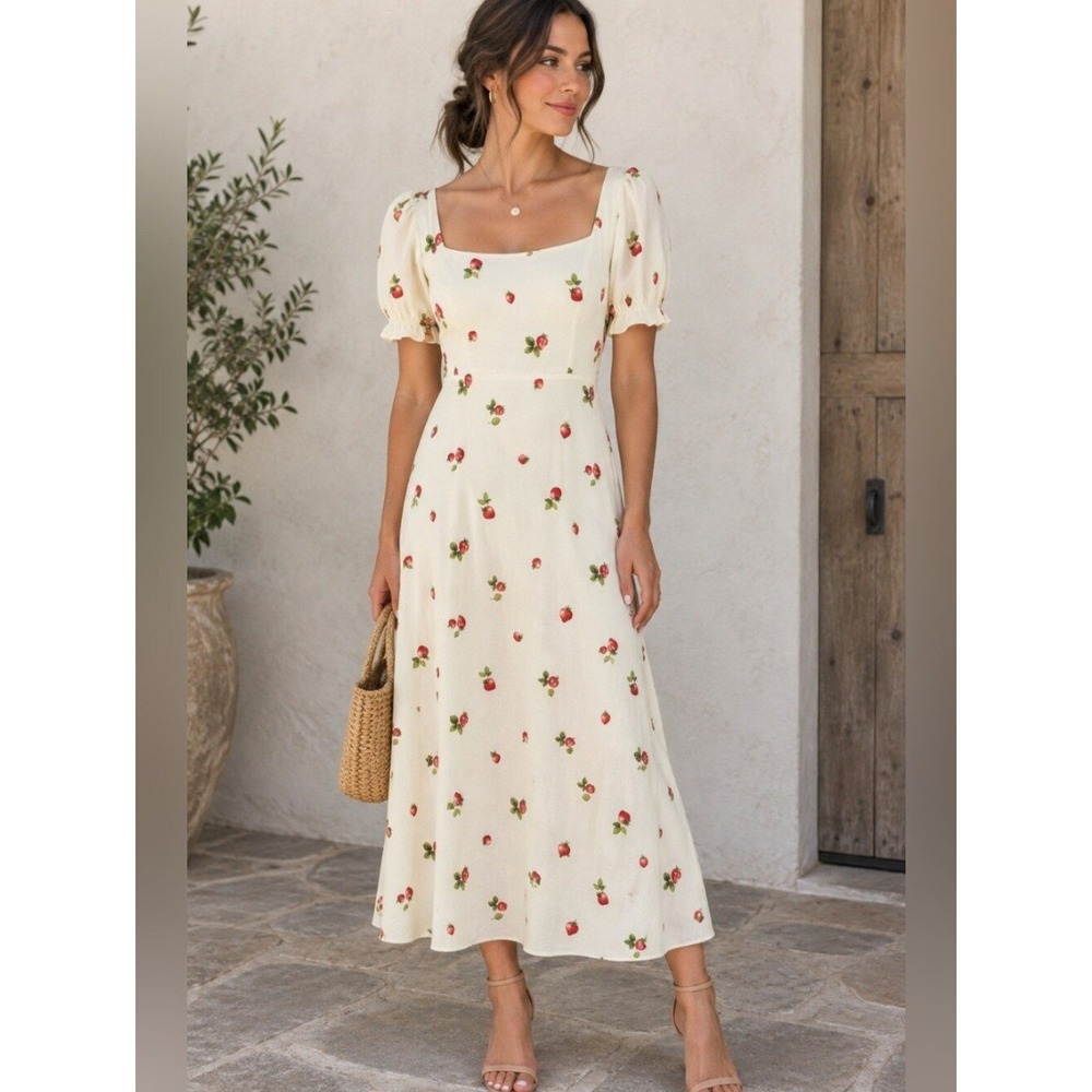 Jo West Junie Dress Cream Strawberry Puff Sleeve Zip Back / Womens Medium